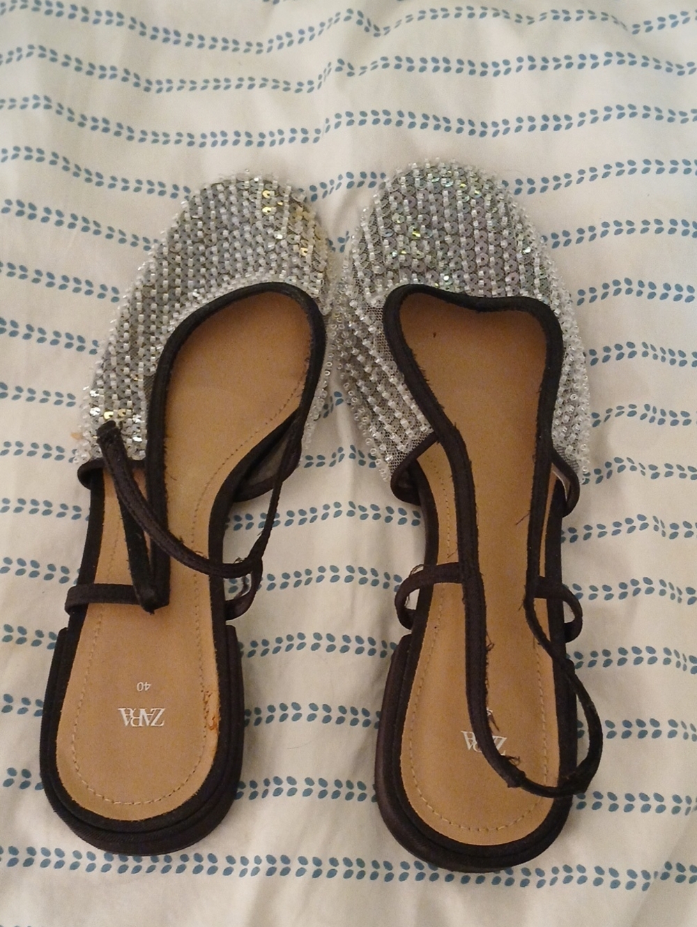 Zara Silver Sequin Slingback Flats with Black Trim